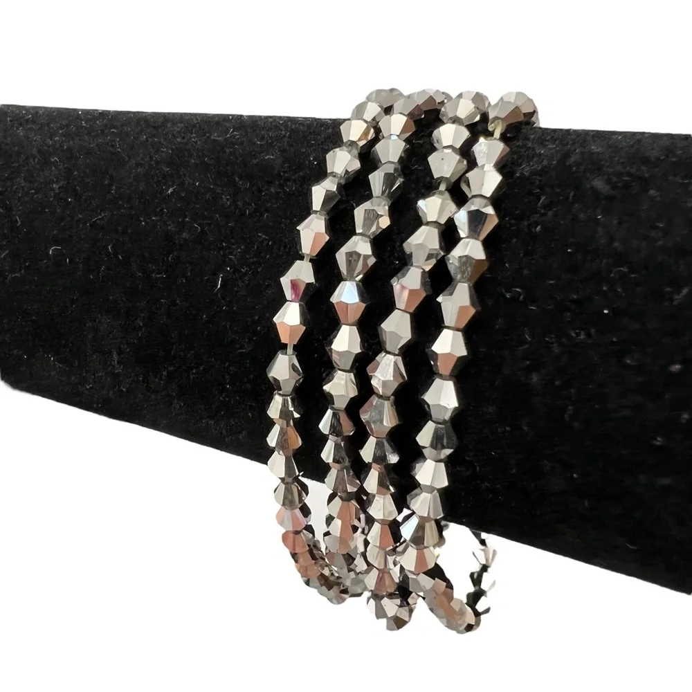 VINTAGE SILVER MIRRORED FACETED AURORA BOREALIS STRETCH BRACELET - SET OF 4